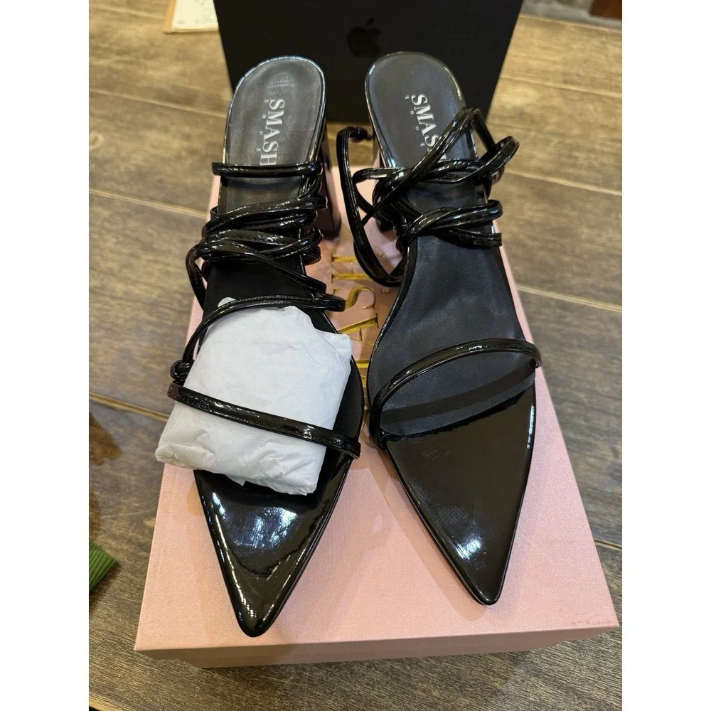Smash Black Onyx Pointed Toe Heeled Sandals Size 14 Wrap Ankle‎